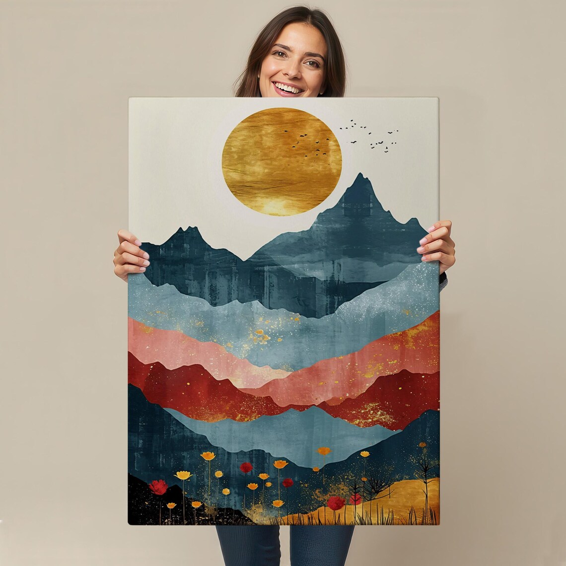 Golden Sun Layered Teal Coral Mountain Ranges Wildflowers Art Poster - Image 4