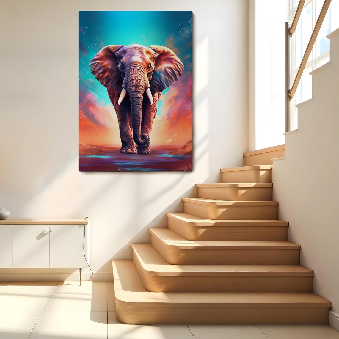 Majestic Elephant Walking Forward Under Turquoise Sunset Sky Wall Poster - Image 2