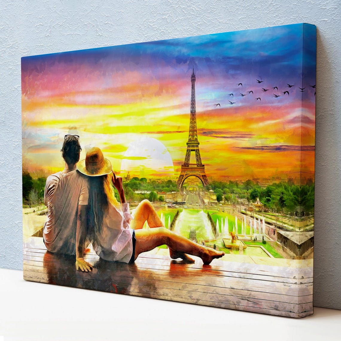 Paris France Eiffel Tower Couple Romantic Sunset View Travel Poster