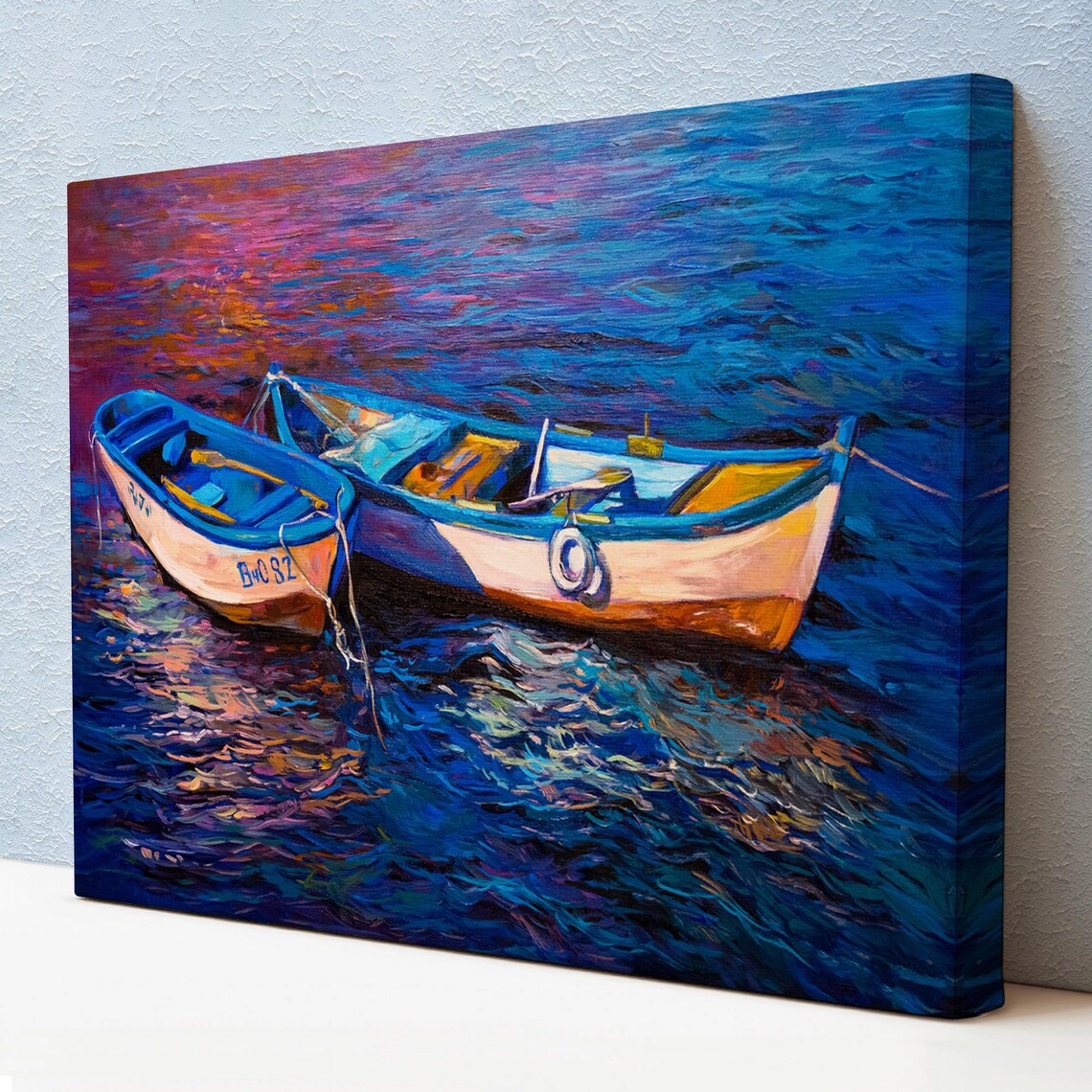Colorful Fishing Boats Sunset Blue Water Oil Painting Art Poster