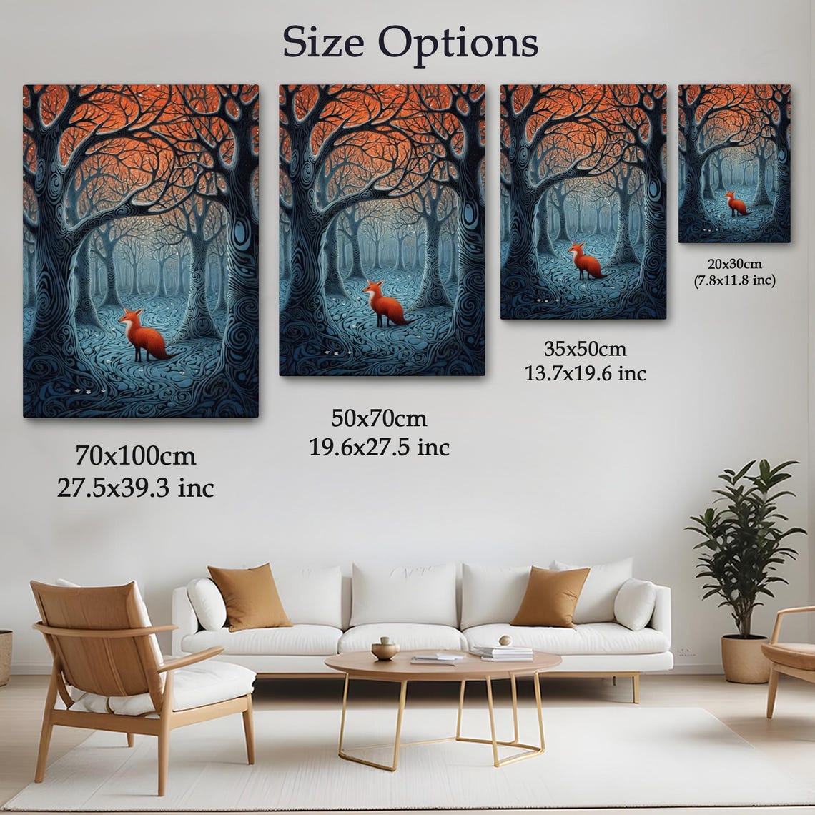 Red Fox Enchanted Swirling Blue Forest Sunset Whimsical Nature Poster - Image 4