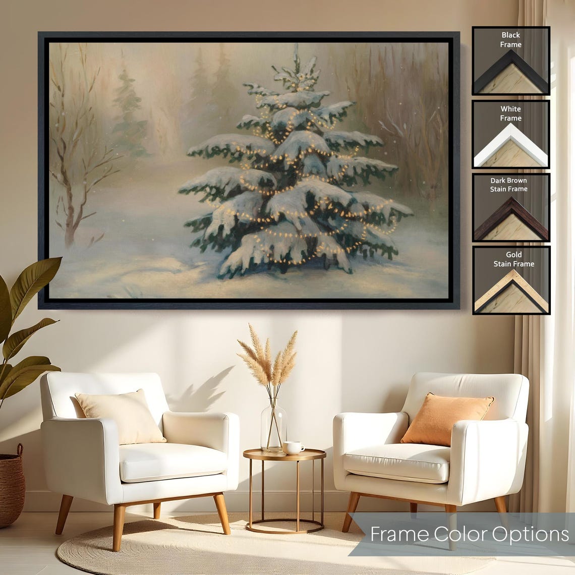 Snow Covered Evergreen Warm String Lights Winter Night Painting Poster - Image 2
