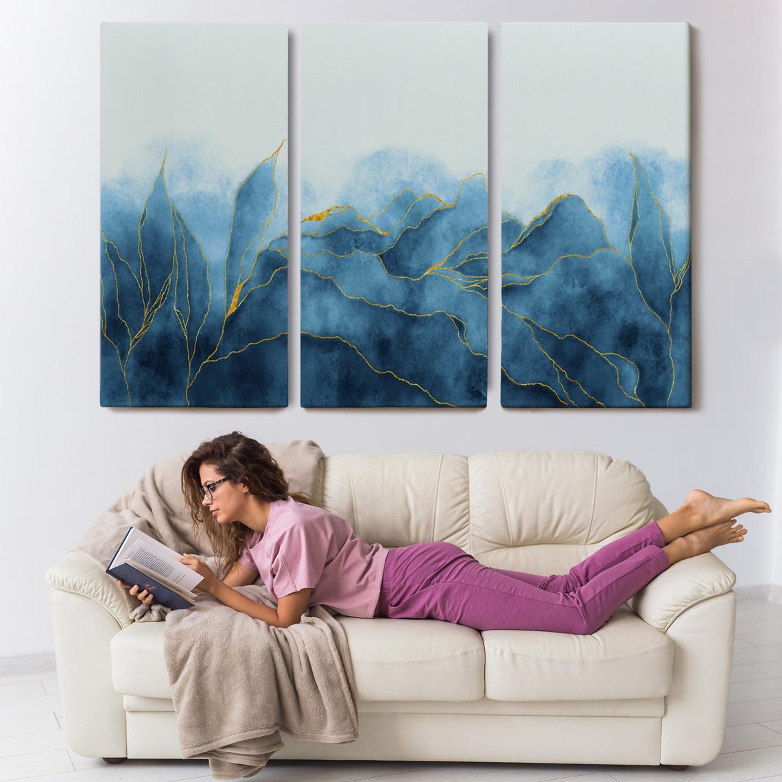 Blue Watercolor Mountains Gold Vein Lines Minimal Abstract Wall Art - Image 3