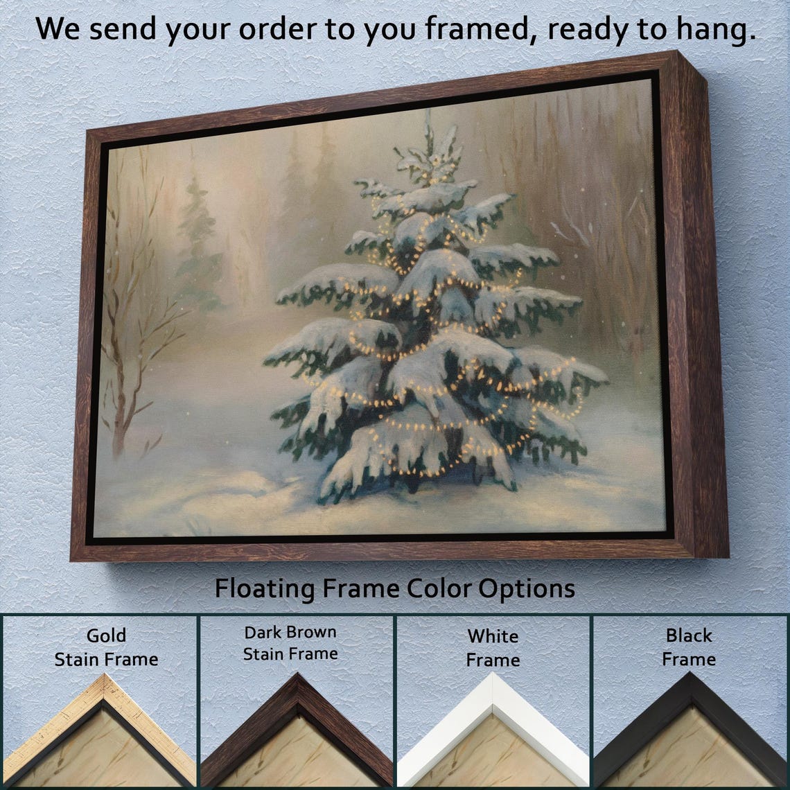 Snow Covered Evergreen Warm String Lights Winter Night Painting Poster - Image 3