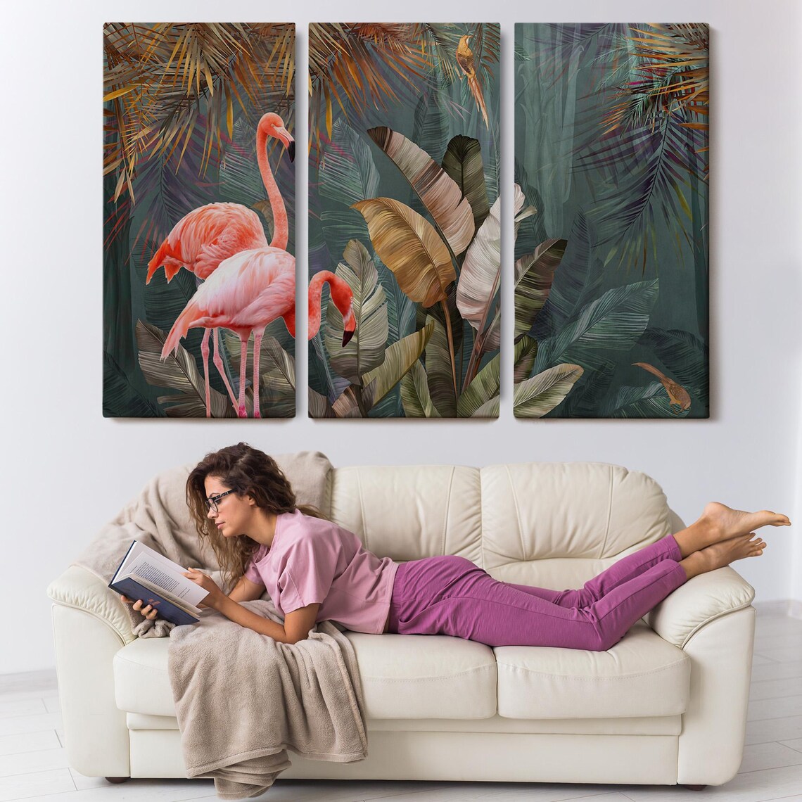 Pink Flamingos Tropical Banana Leaves Teal Jungle Scene Wall Art - Image 3