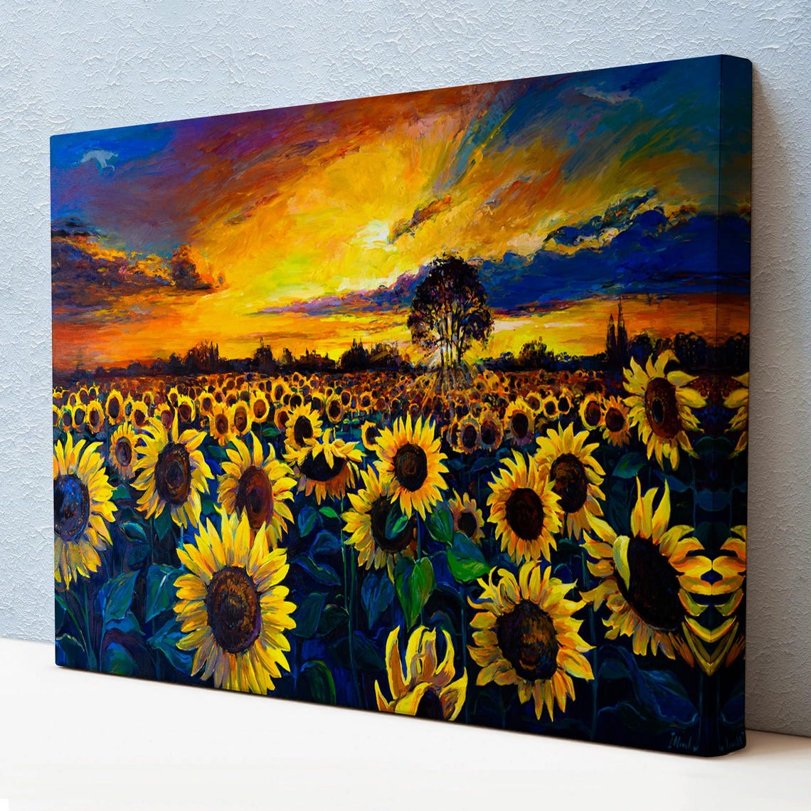 Sunflower Field Glowing Sunset Sky Vibrant Orange Impressionist Print