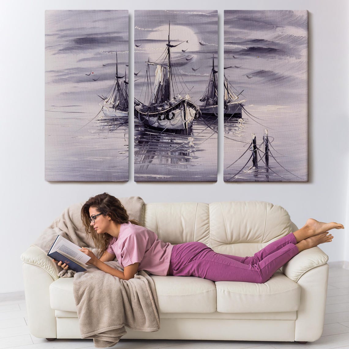 Moonlit Sailing Ships Calm Harbor Birds Monochrome Painting Poster - Image 3