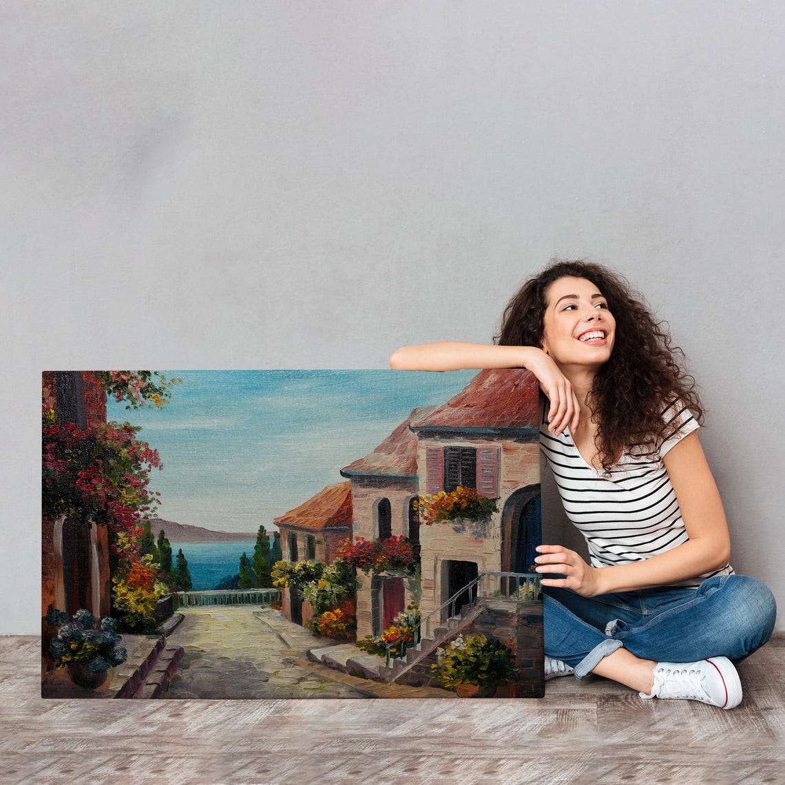 Mediterranean Coastal Town Flower Street Old Town Sea View Poster - Image 4