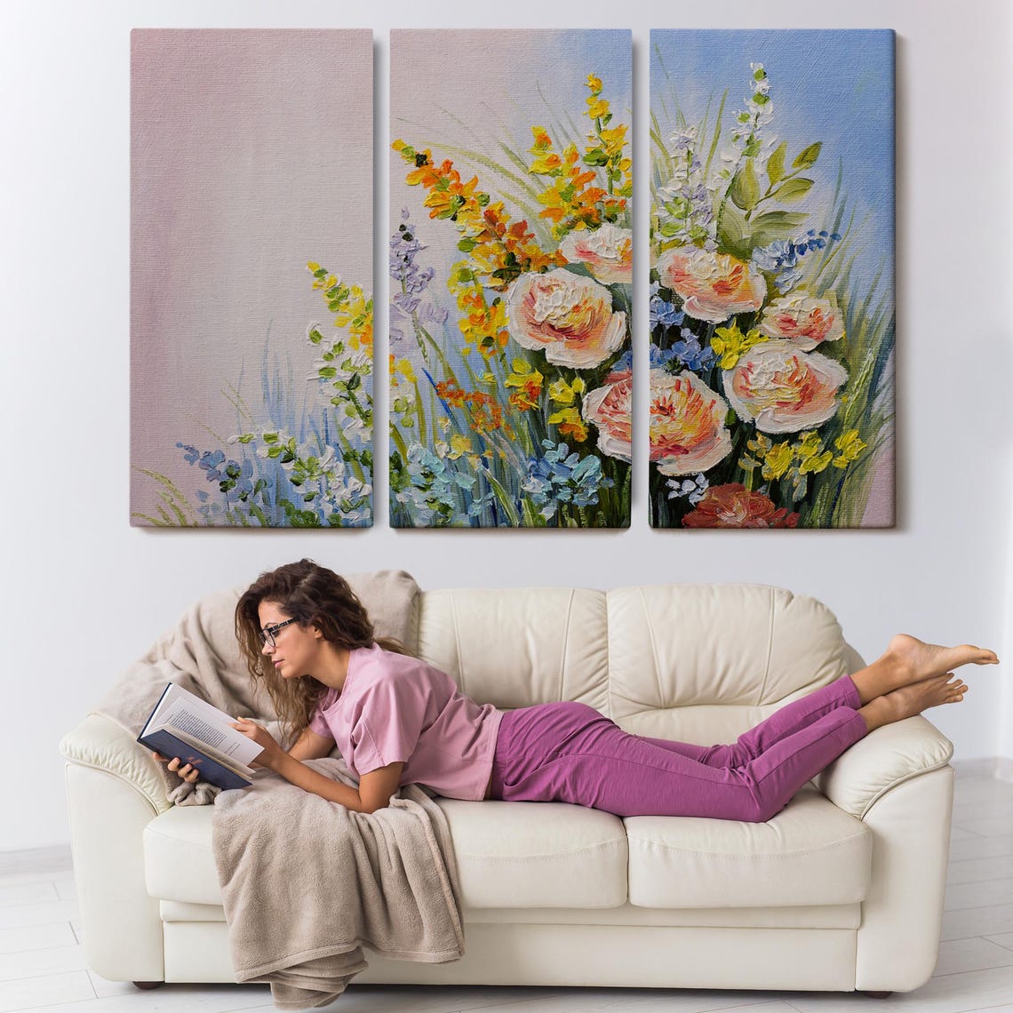 Impressionist Wildflower Bouquet Roses Pastel Meadow Bloom Wall Art - Image 3