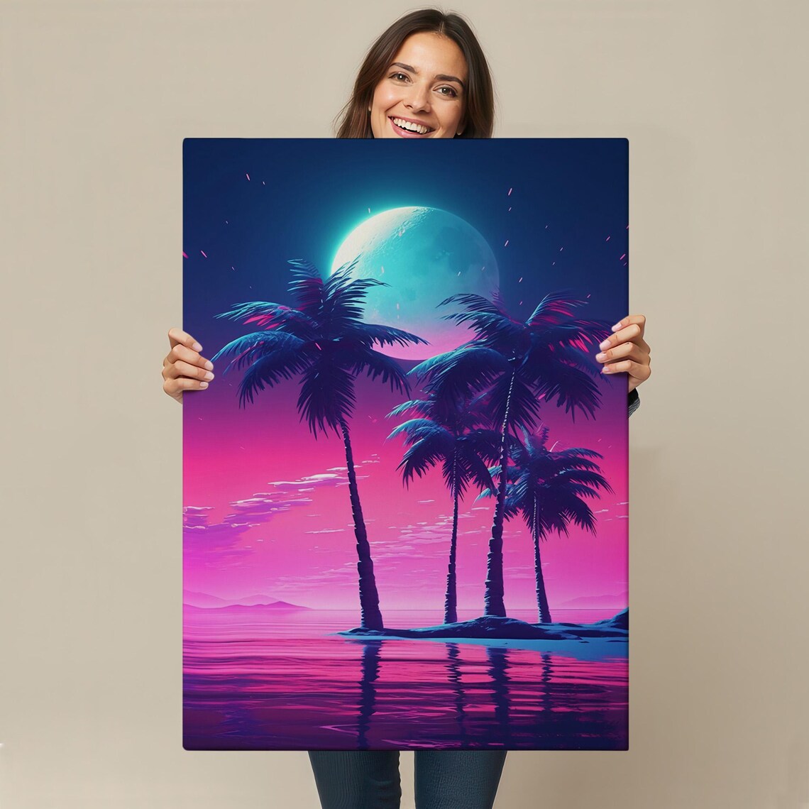 Neon Palm Trees Moon Night Synthwave Tropical Island Art Poster - Image 4
