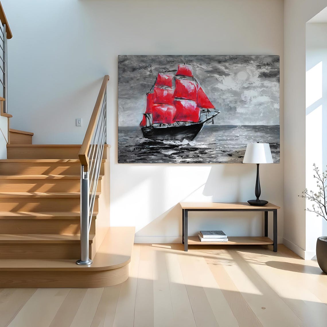 Scarlet Sails Tall Ship Gray Monochrome Ocean Seascape Wall Art - Image 2