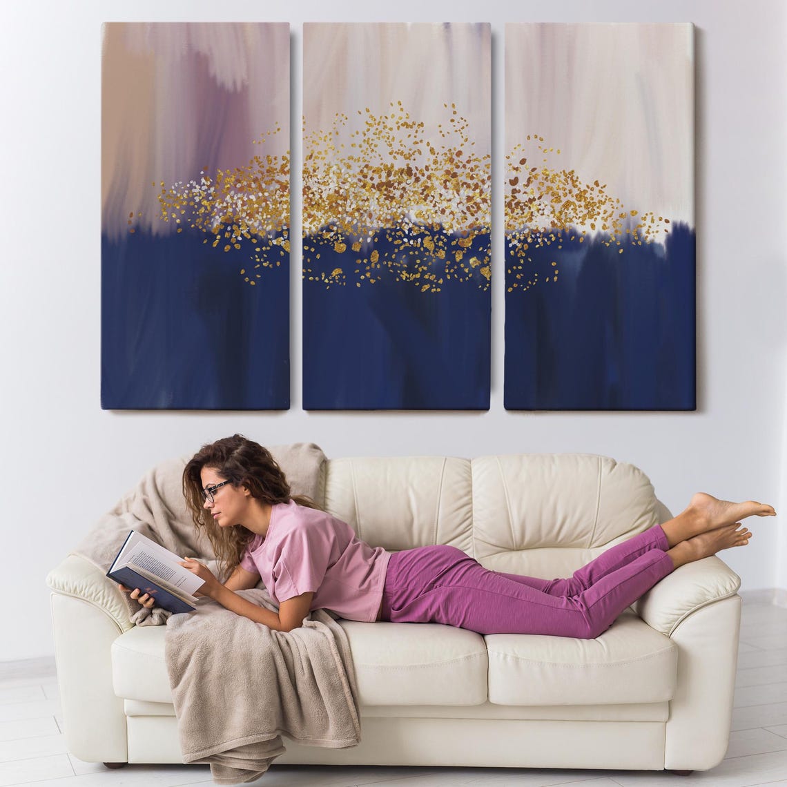 Navy Blue Blush Pink Abstract Gold Leaf Splatter Modern Wall Art - Image 3