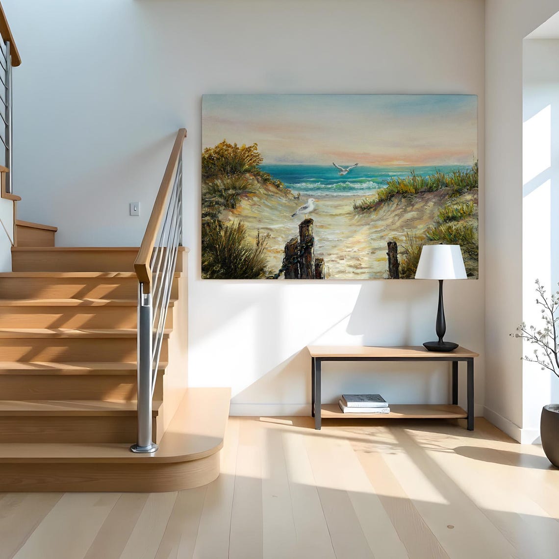 Sandy Path Through Dunes To Ocean Sunset Seagulls Coastal Scene Poster - Image 2