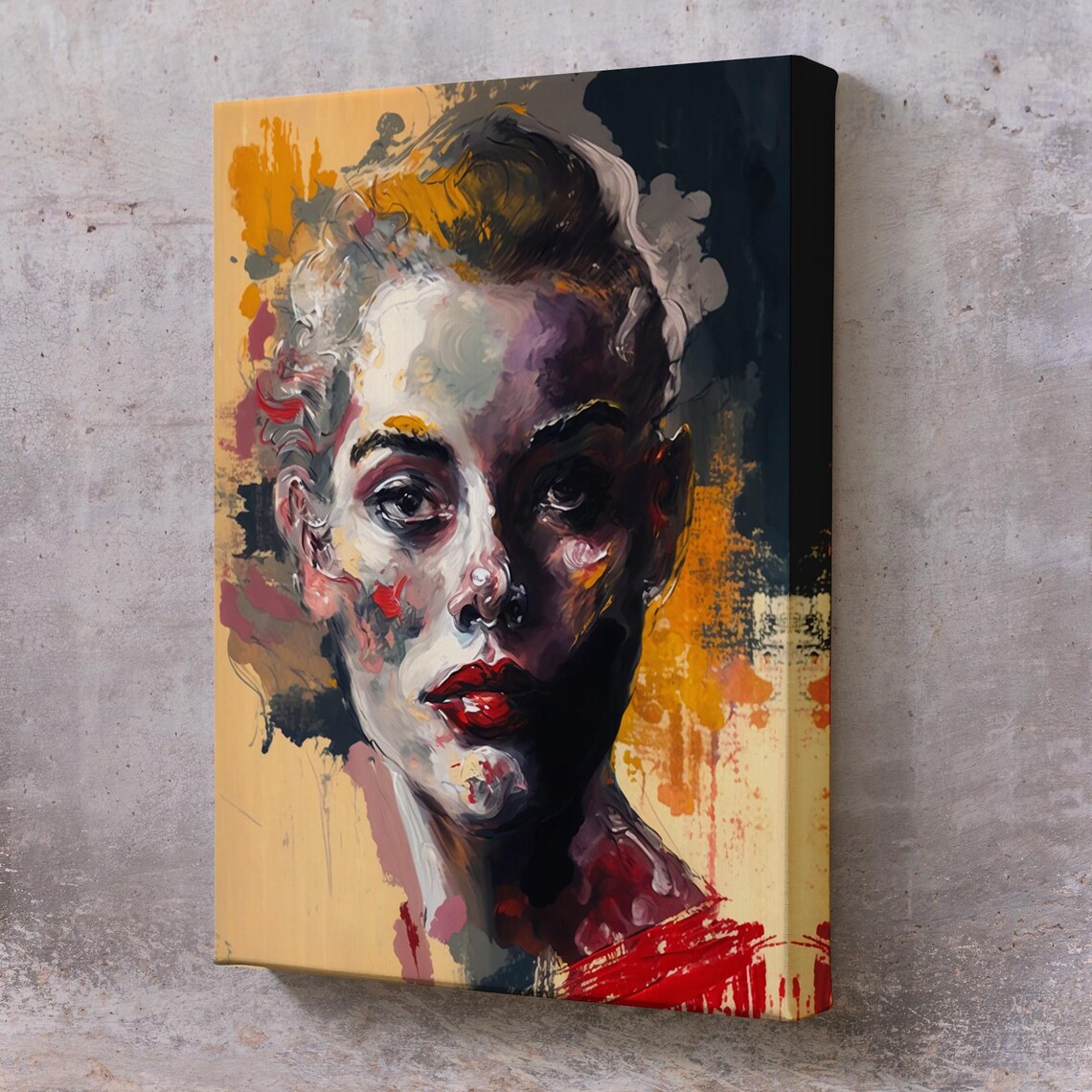 Expressive Abstract Woman Portrait Red Lips Dramatic Brushwork Wall Art