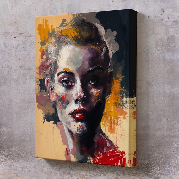 Expressive Abstract Woman Portrait Red Lips Dramatic Brushwork Wall Art