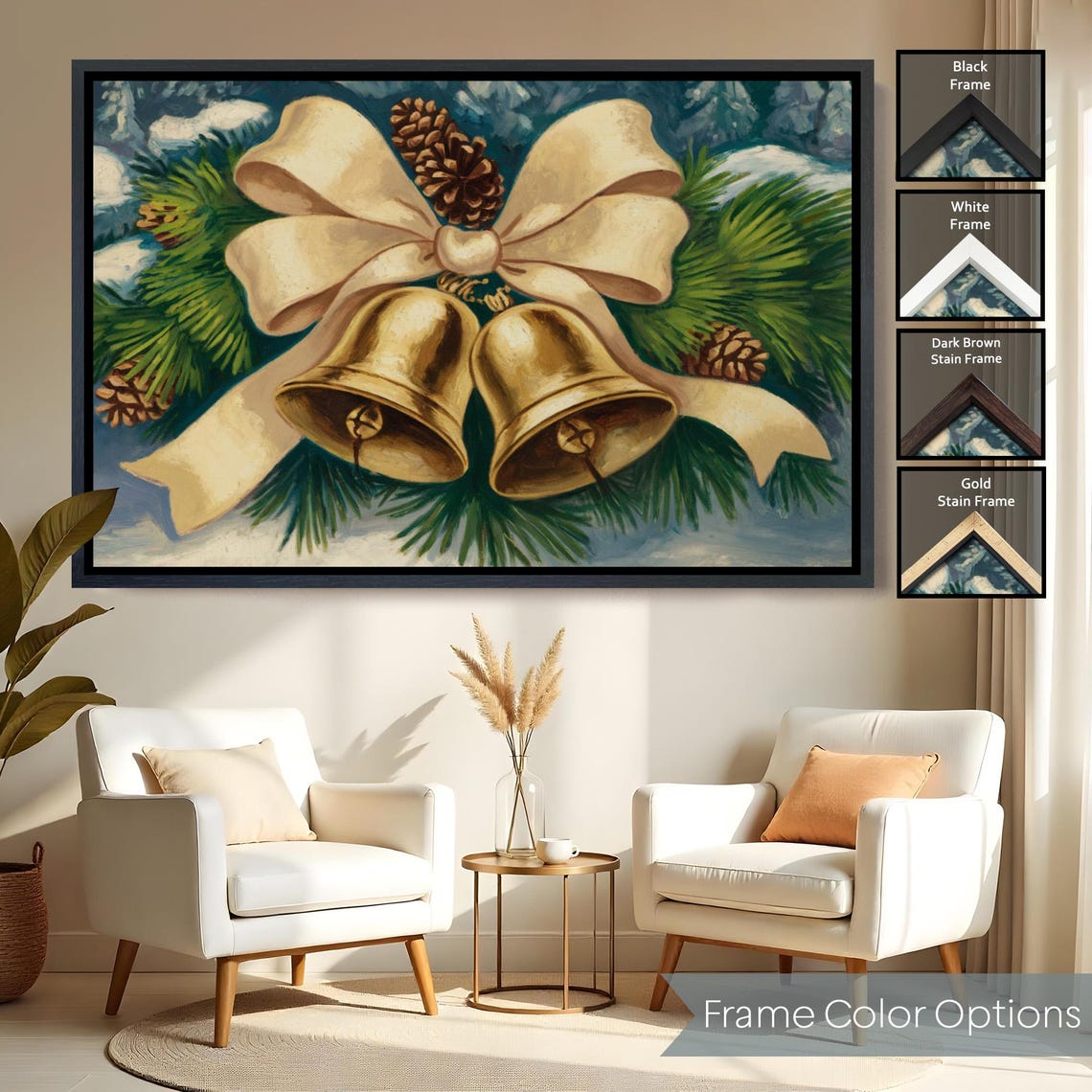 Golden Christmas Bells Cream Bow Pinecones Vintage Holiday Wall Art - Image 2