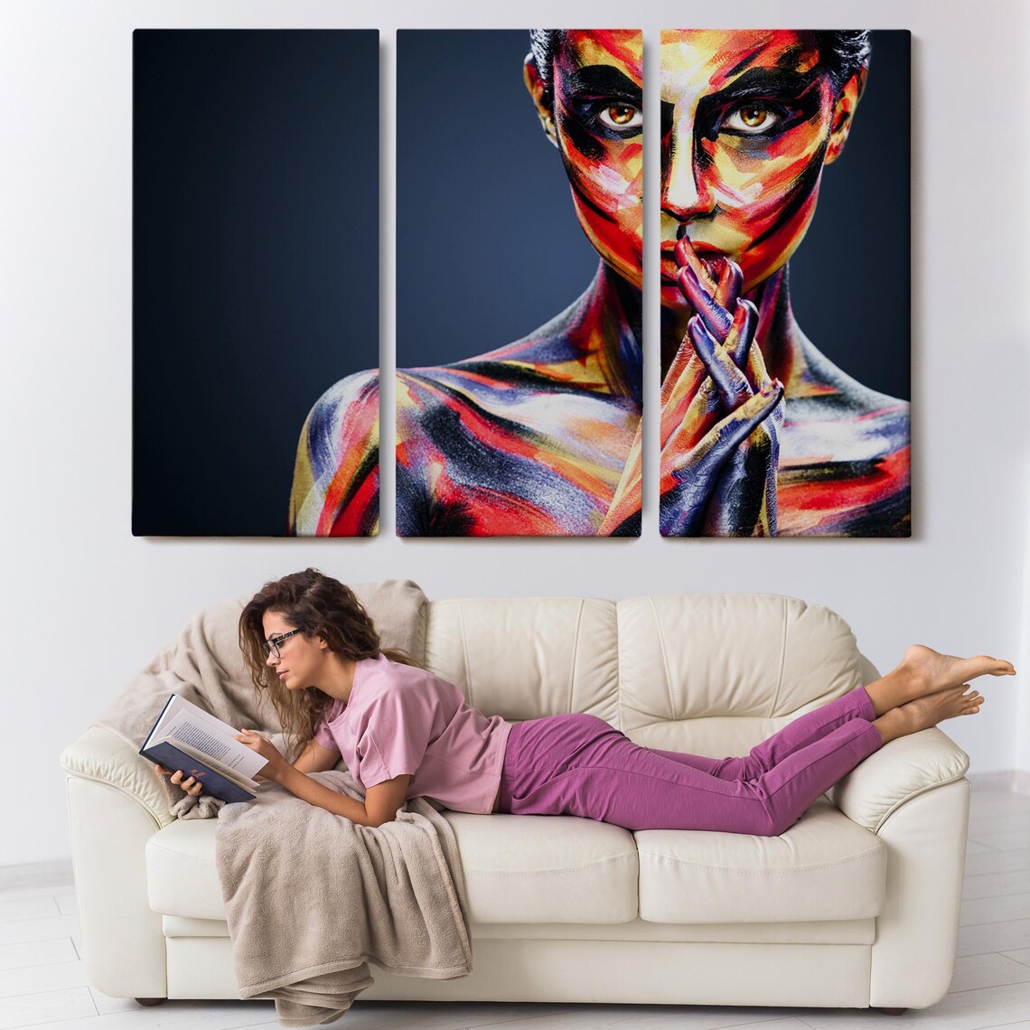 Body Painted Woman Portrait Finger to Lips Bold Color Art Poster - Image 3