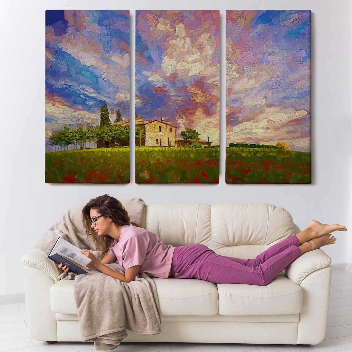 Tuscan Farmhouse Red Poppy Field Dramatic Sunset Sky Italy Poster - Image 3
