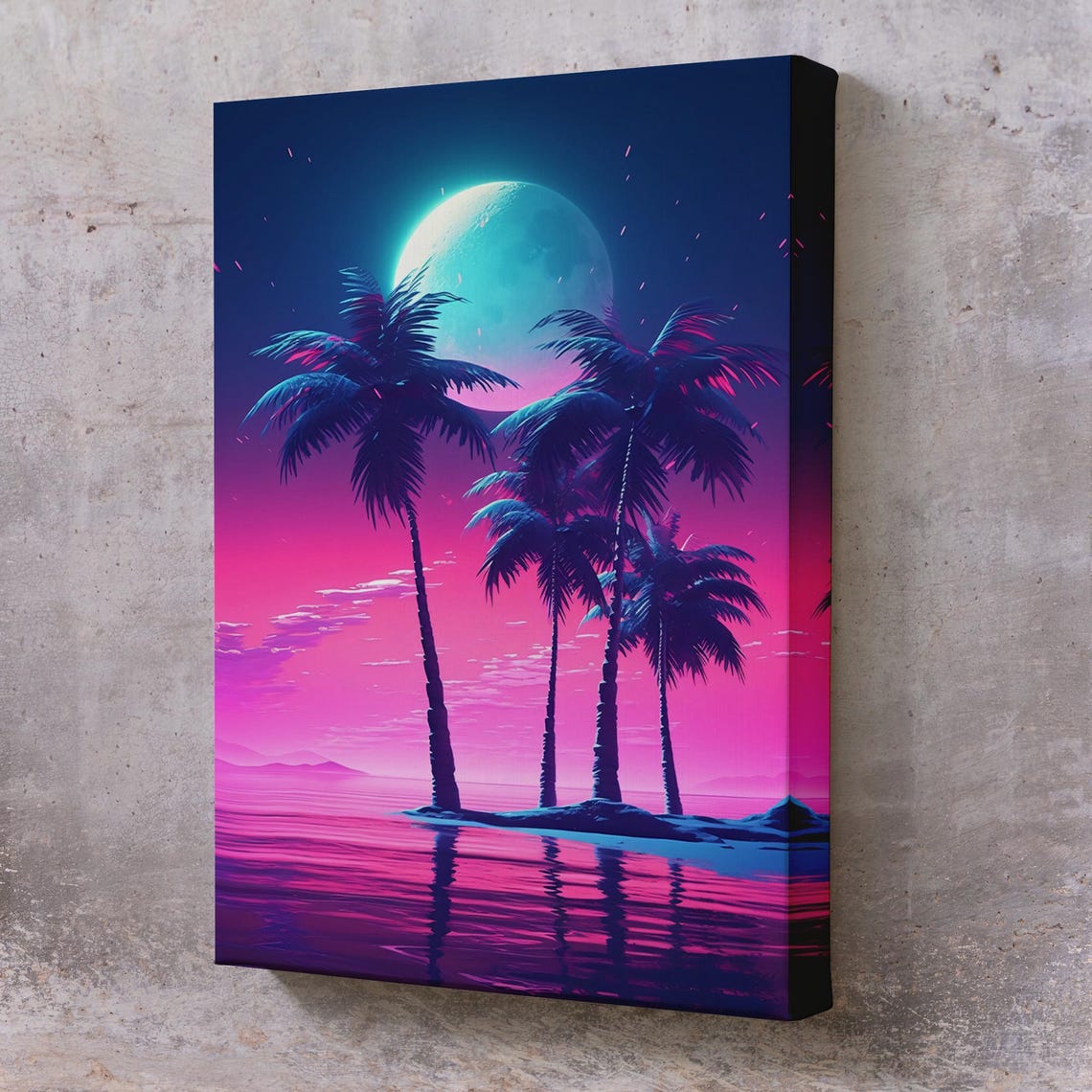 Neon Palm Trees Moon Night Synthwave Tropical Island Art Poster