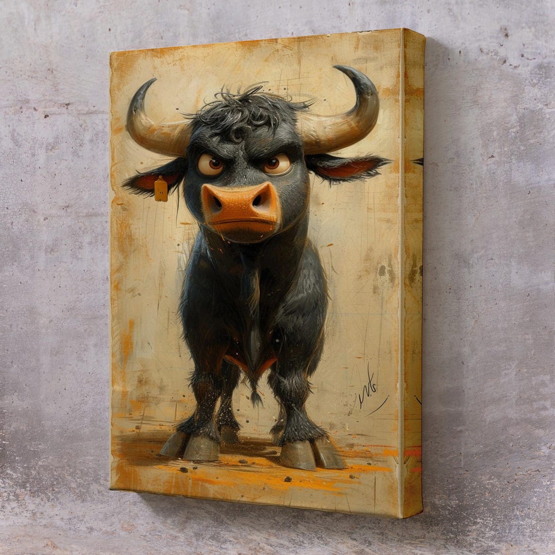 Cute Grumpy Bull Cartoon Vintage Style Playful Animal Wall Art