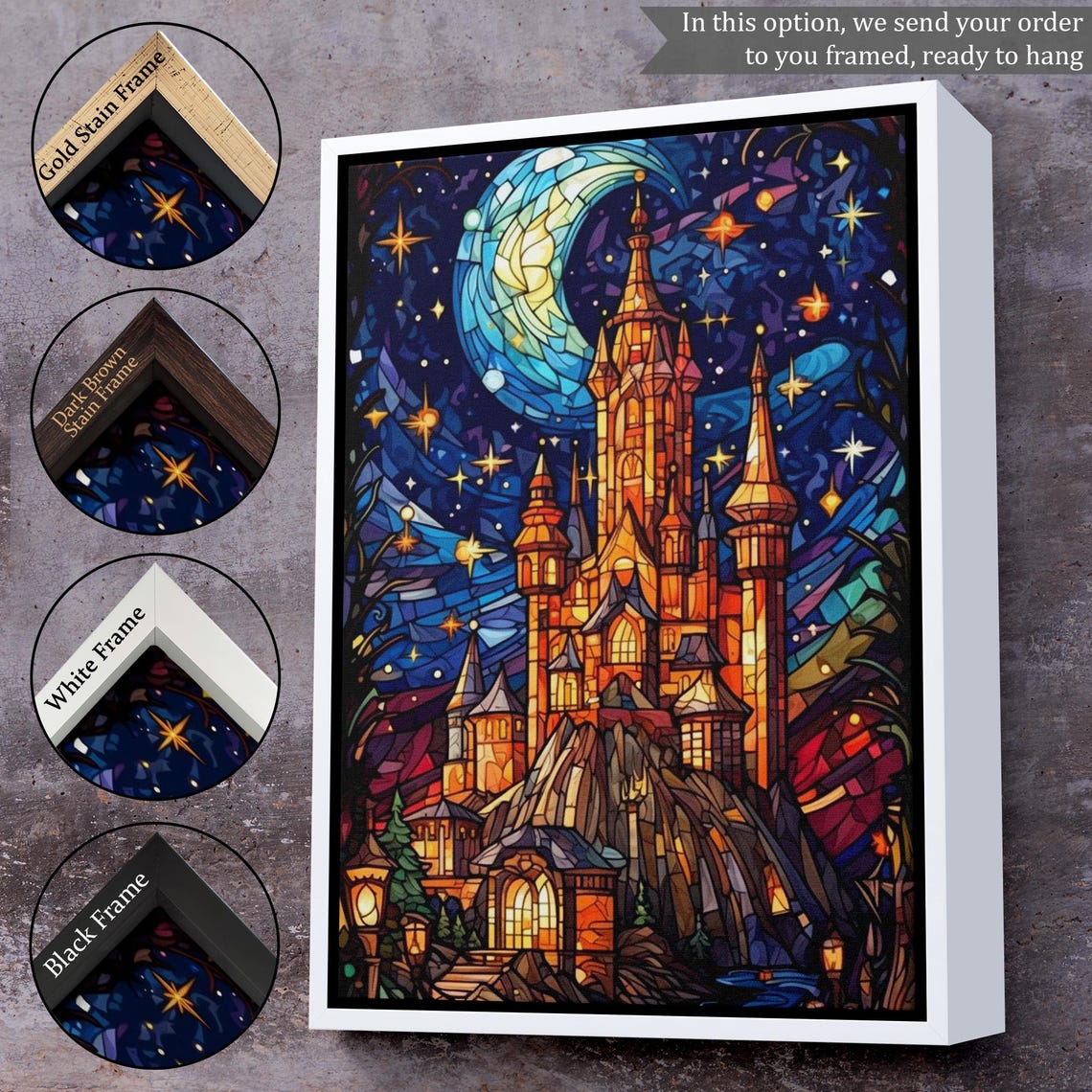 Stained Glass Fairy Tale Castle Crescent Moon Starry Night Art Poster - Image 3