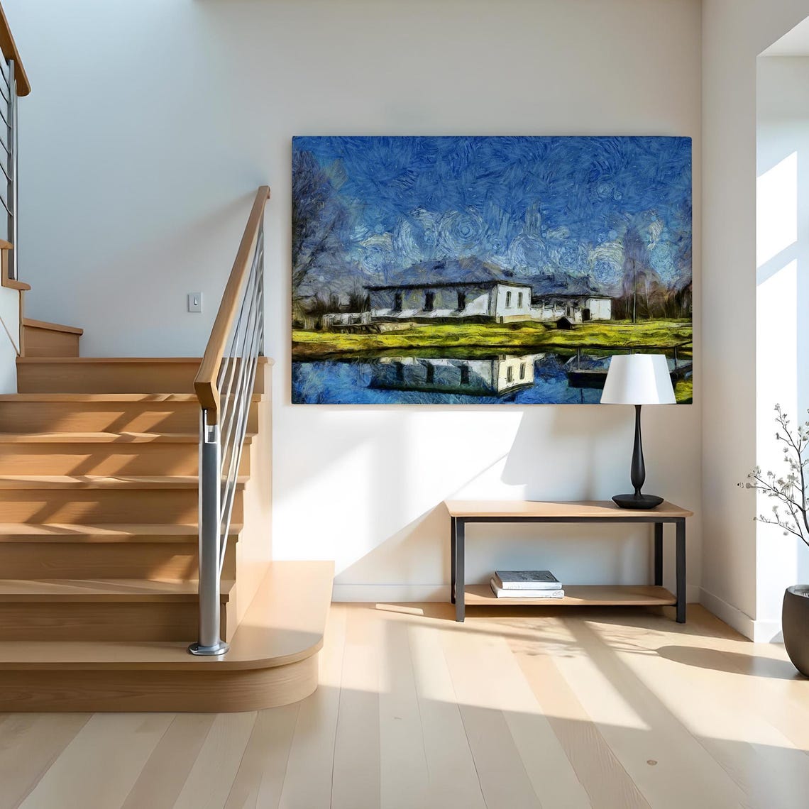 Starry Night Swirling Sky White House By The Lake Art Print Poster - Image 2
