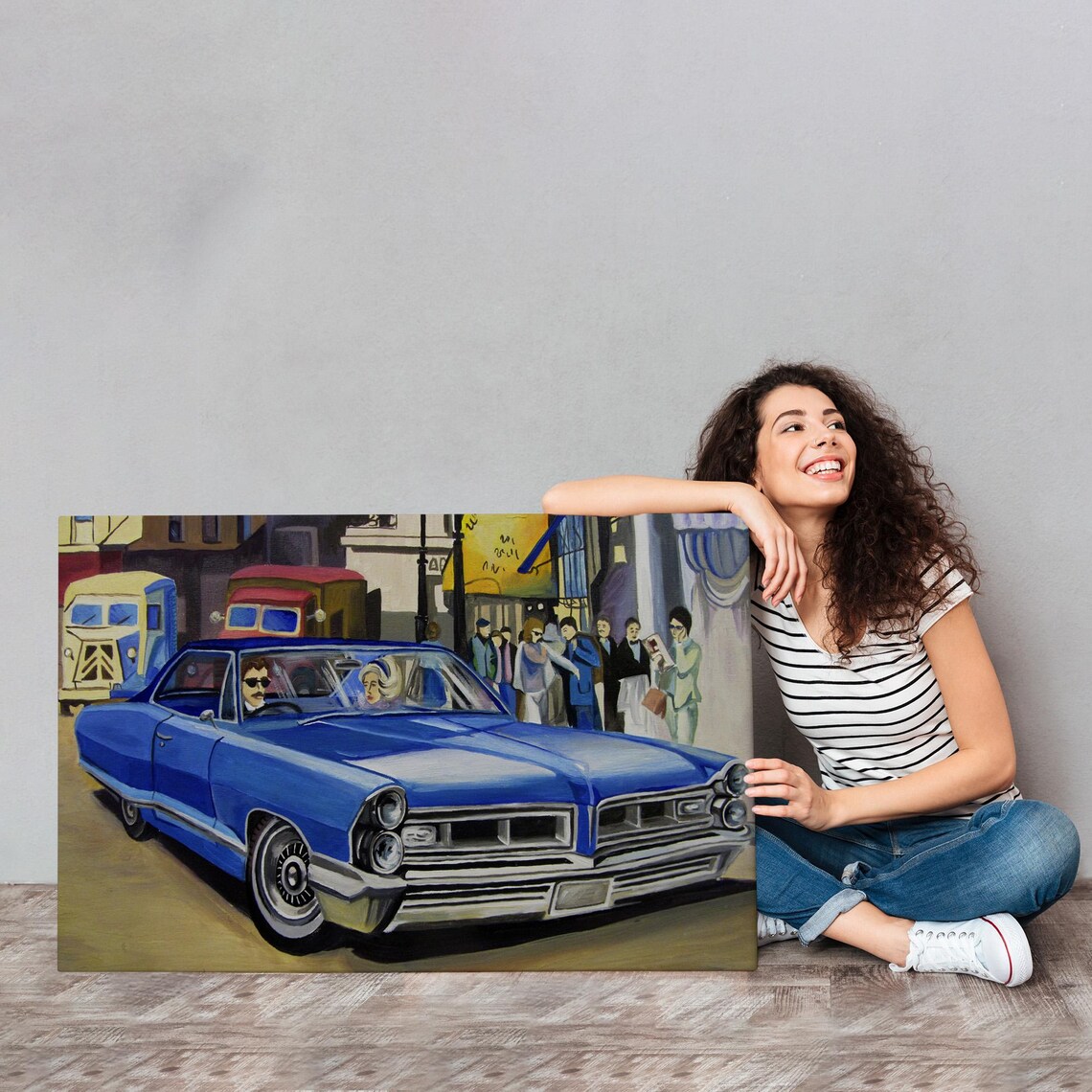 Blue Vintage Classic Car City Street Crowd Retro Urban Scene Poster - Image 4