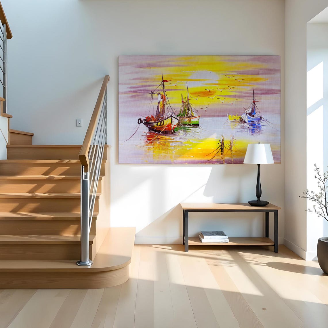 Golden Sunset Sailboats Harbor Seagulls Impressionist Art Poster - Image 2