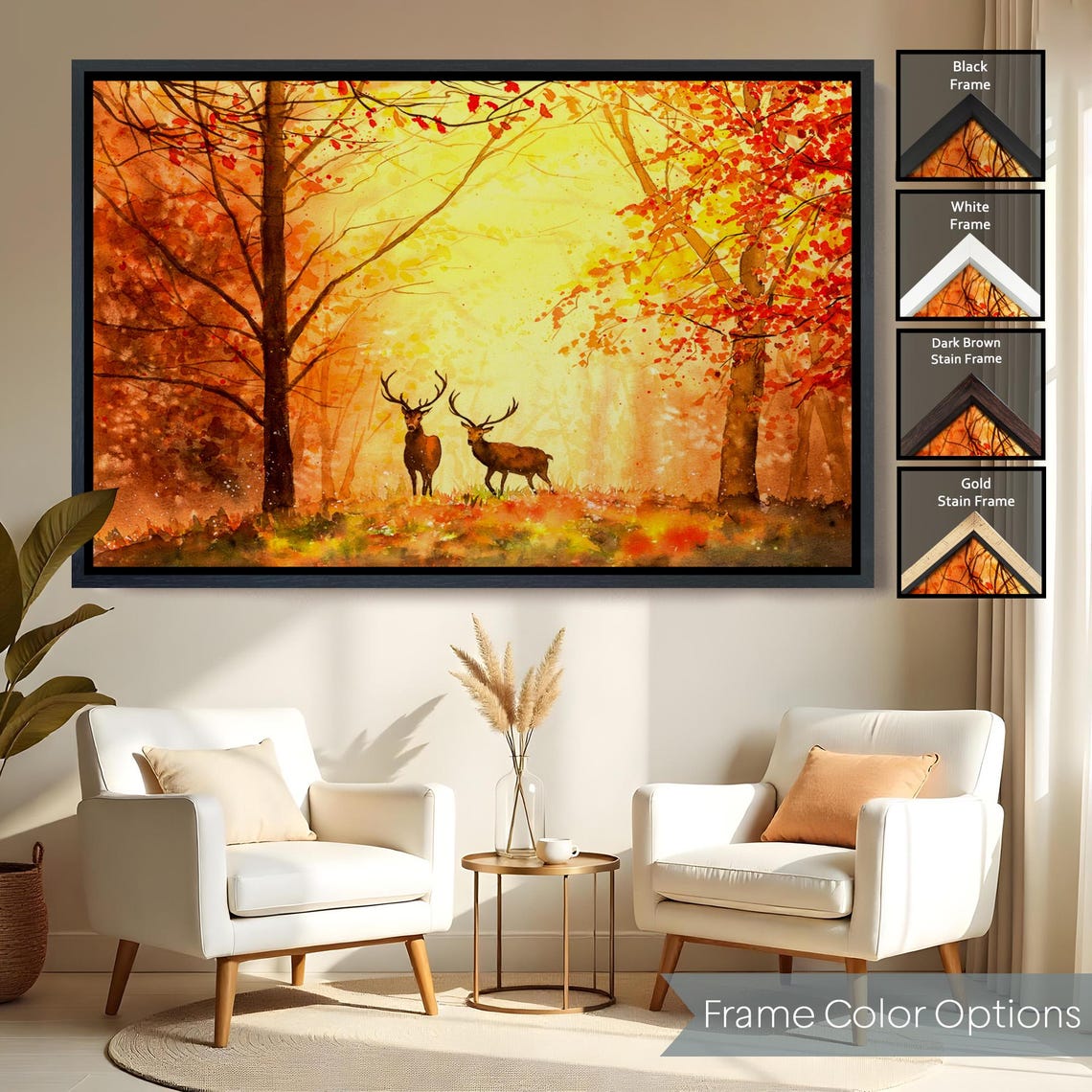 Two Stags Golden Autumn Forest Mist Warm Glowing Wildlife Painting - Image 2
