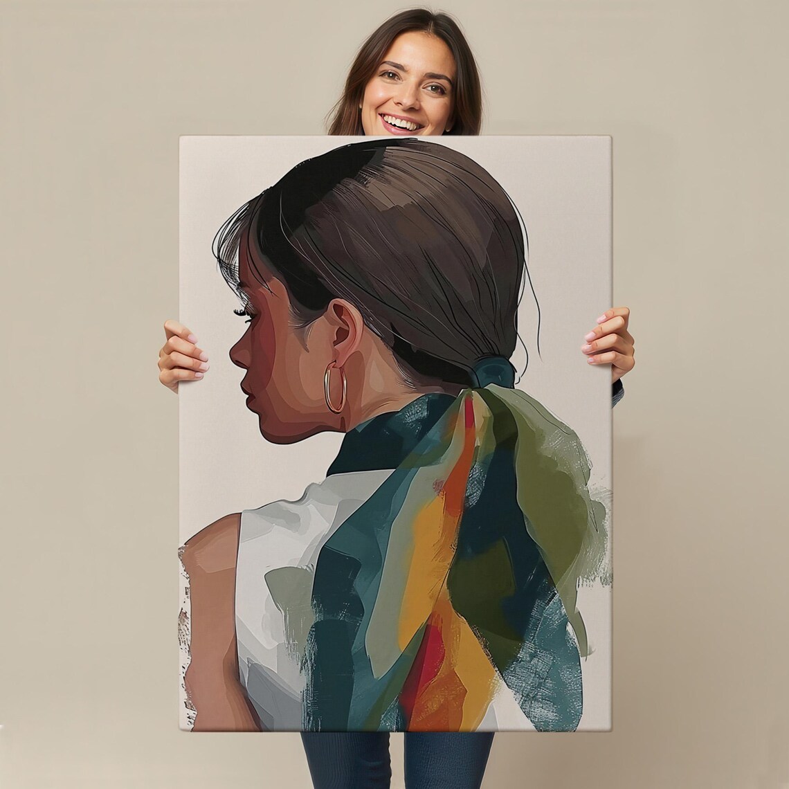 Elegant Woman Profile Colorful Scarf Hoop Earring Painterly Art Poster - Image 4