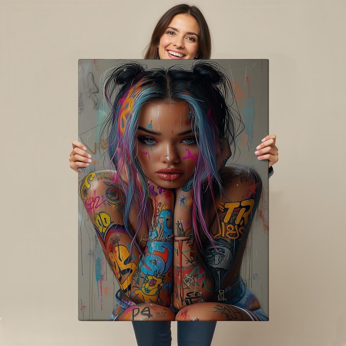 Graffiti Tattooed Woman Portrait Space Buns Street Art Modern Wall Art - Image 4