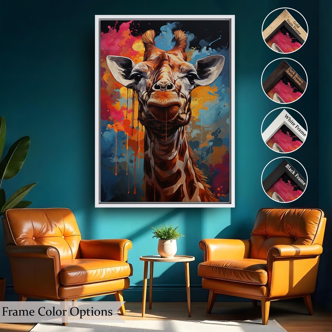 Giraffe Close Up Portrait On Colorful Paint Splatter Background Wall Art - Image 2