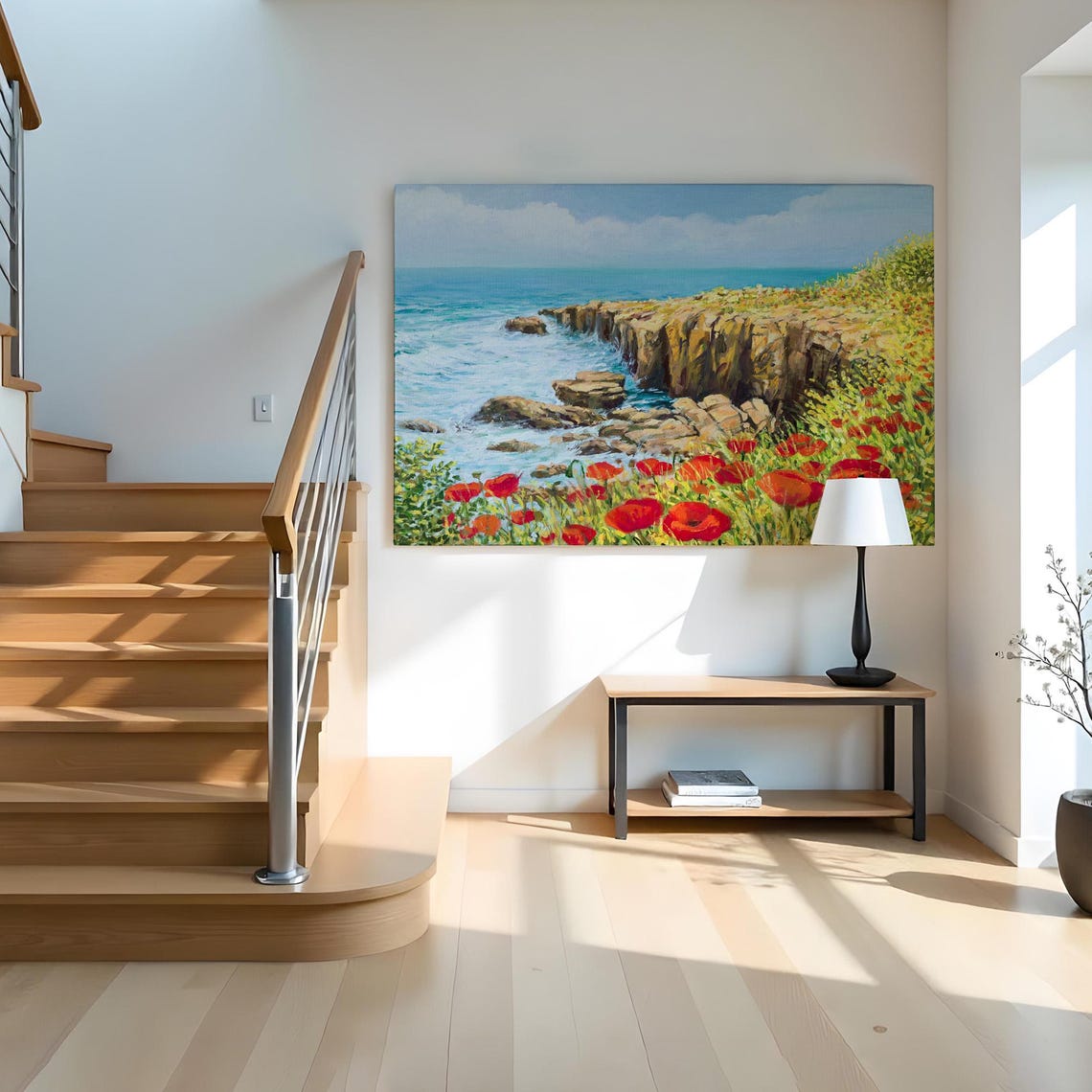 Rocky Ocean Coast Red Poppies Blue Sea Golden Cliffs Summer Poster - Image 2