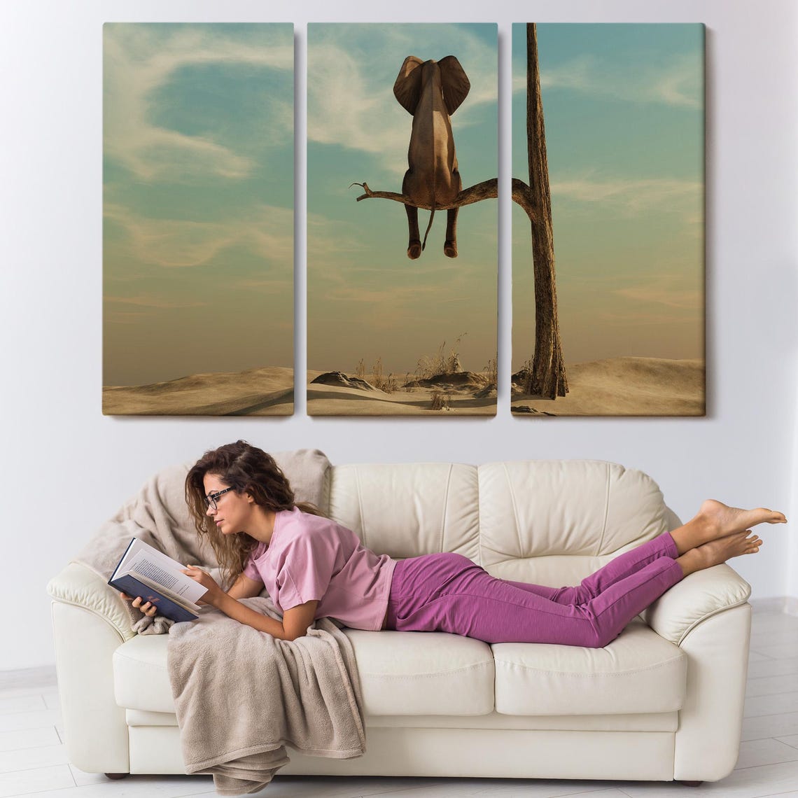Elephant Sitting On Tree Branch Desert Surreal Funny Animal Art Print - Image 3