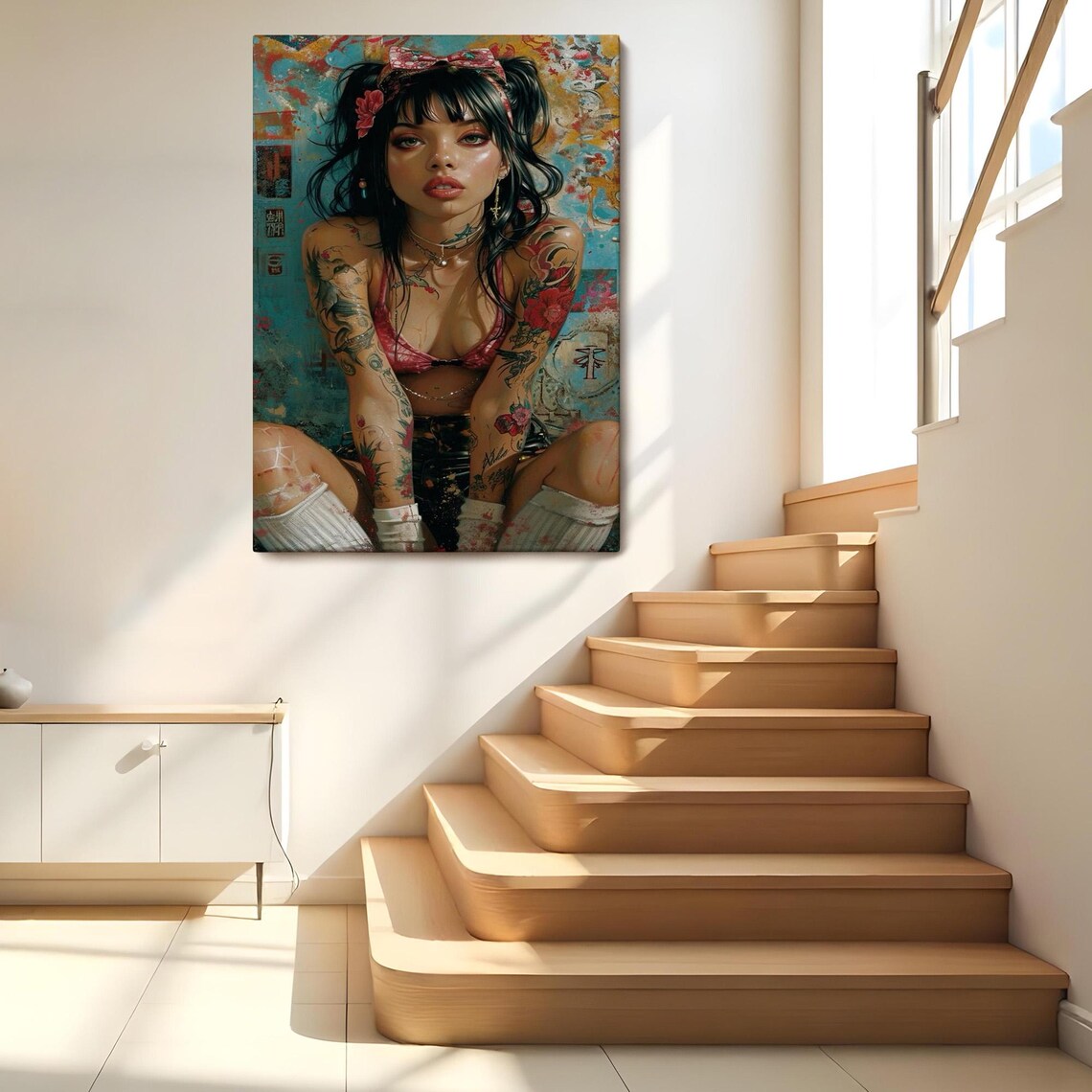 Tattooed Pin Up Beauty Bow Pigtails Gritty Urban Pop Art Portrait Poster - Image 2