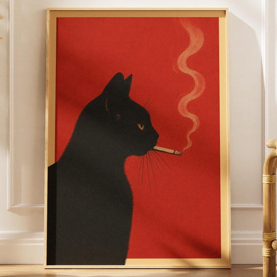 Black Cat Smoking Cigarette Vintage Poster Print