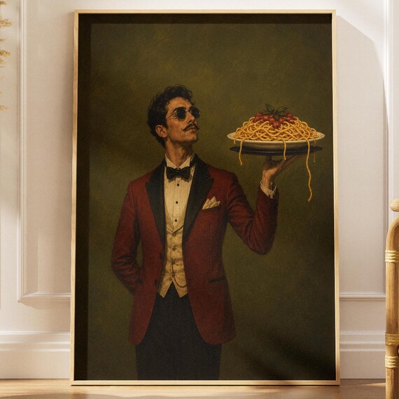 Vintage Italian Waiter Spaghetti Tray Red Tuxedo Kitchen Art Poster