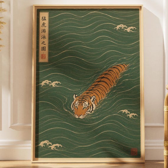 Japanese Tiger Swimming Print Vintage Ukiyoe Style Wall Art Minimalist Animal Poster Asian Decor