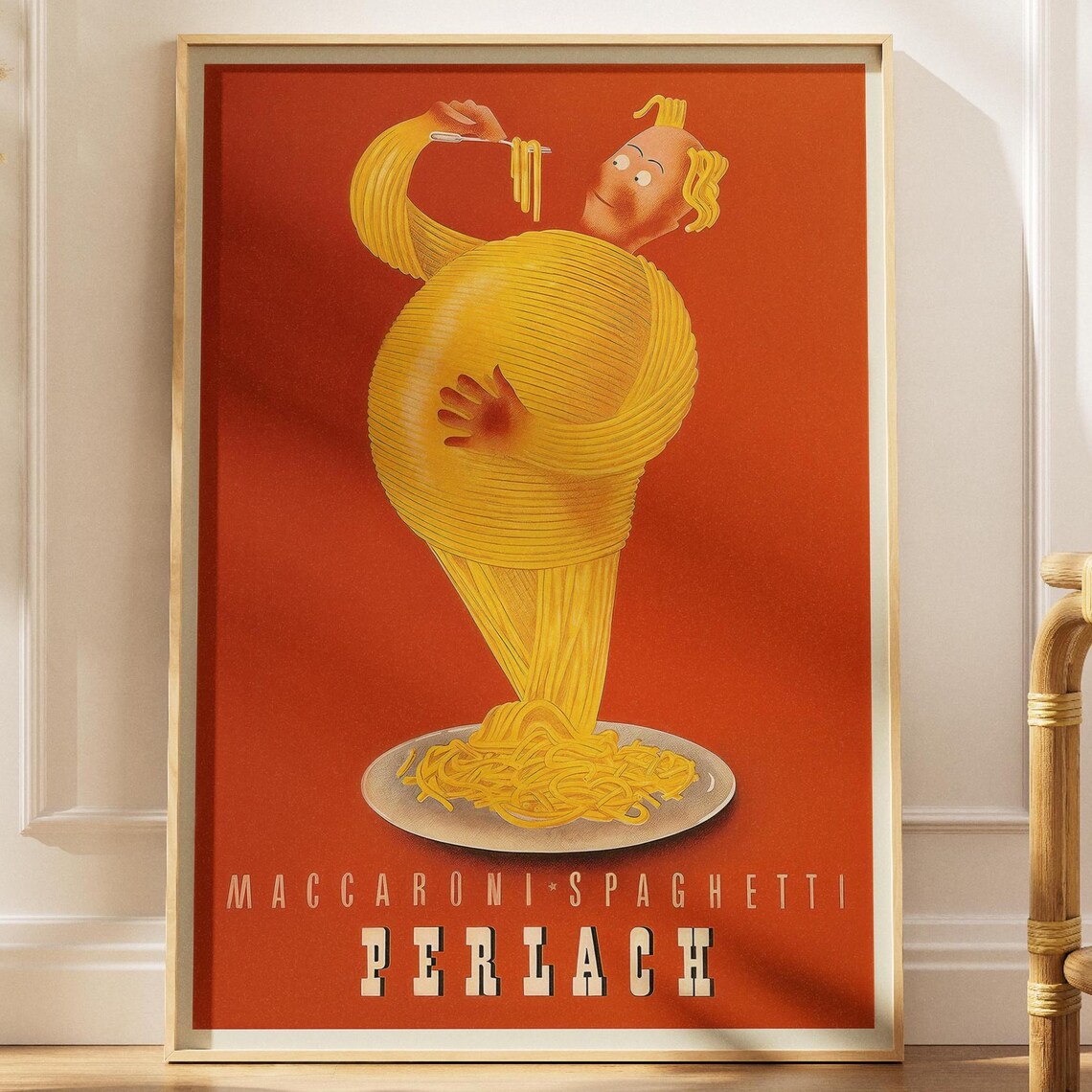 Vintage Perlach Maccaroni Spaghetti Man Retro Italian Food Advertising Poster