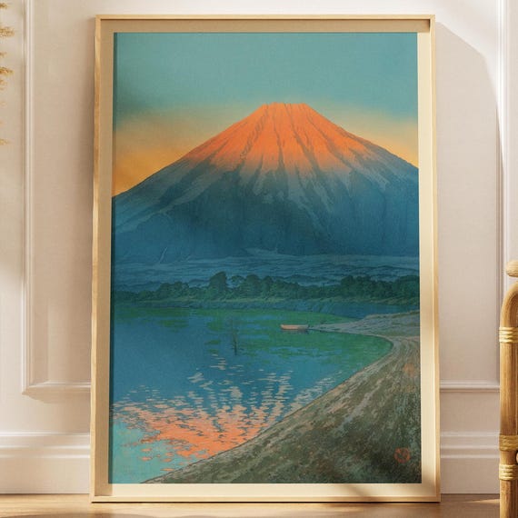 Vintage Japanese Poster Lake Yamanaka And Mount Fuji By Kawase Hasui Japandi Sunset