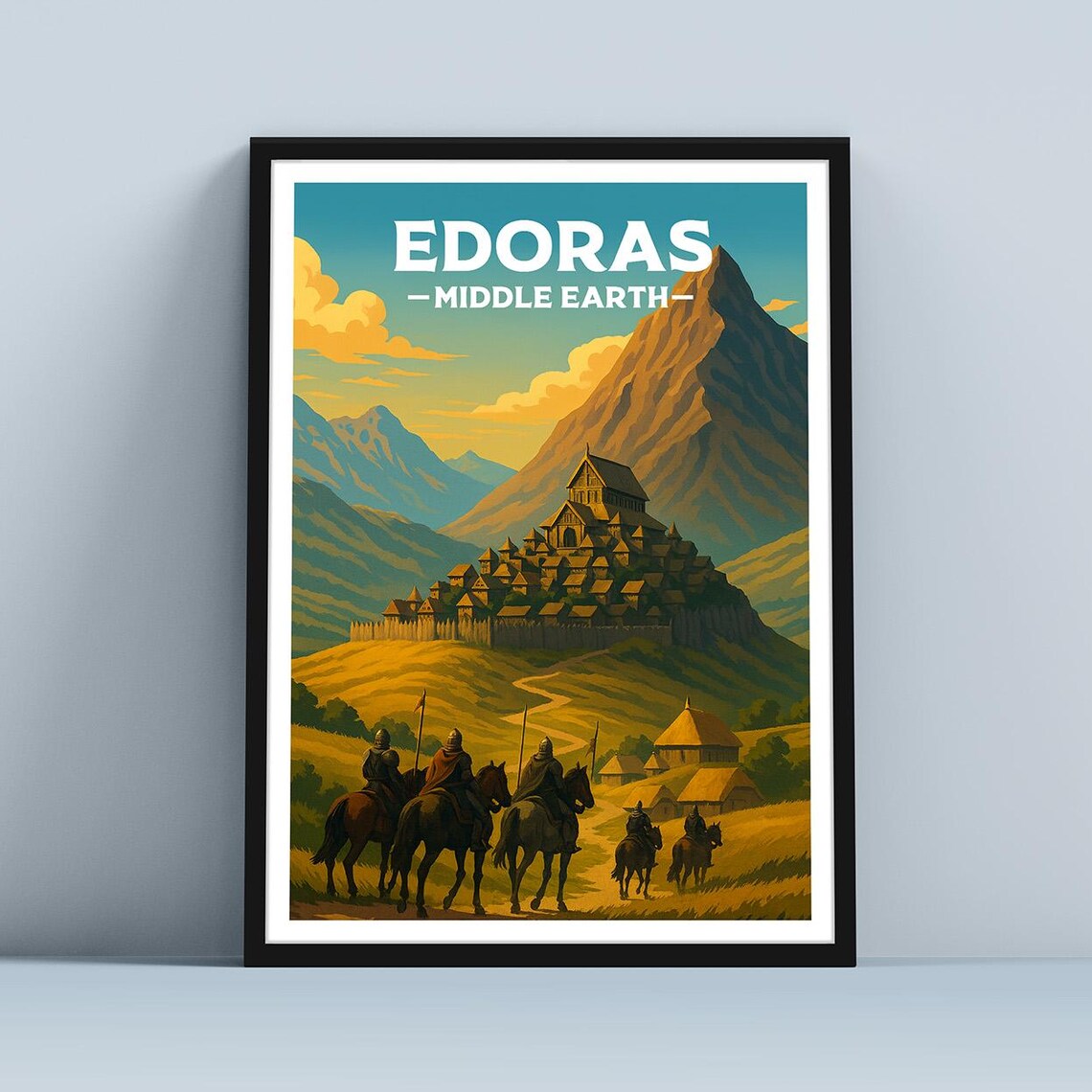 Edoras Middle Earth Fantasy Travel Poster with Horsemen and Hall