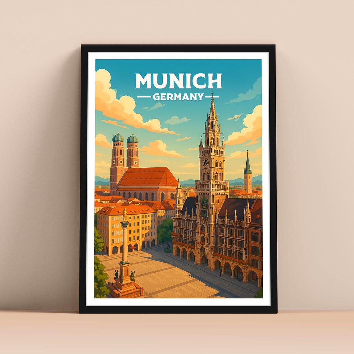 Munich Germany Travel Poster Marienplatz Square and Historic Town Hall