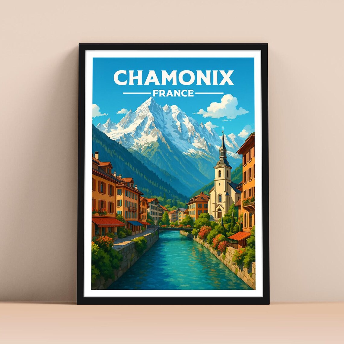 Chamonix France Alpine Travel Poster with Mont Blanc Snow Peaks