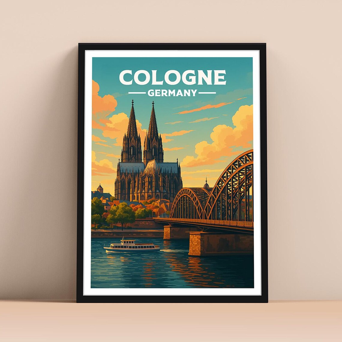 Cologne Germany Travel Poster Cathedral and Rhine Bridge Sunset View Art