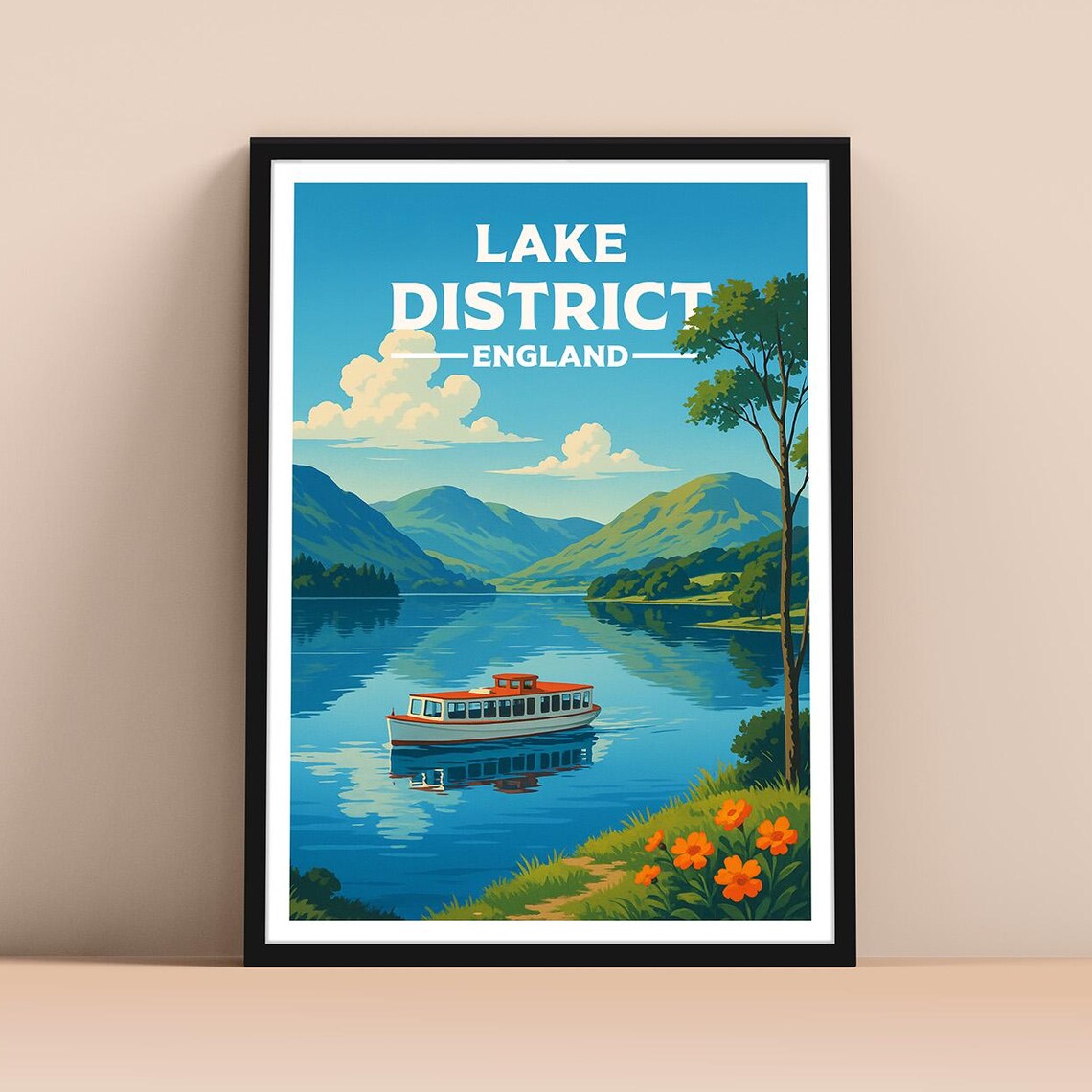 Lake District England Lake Steamer Mountains Vintage Travel Poster