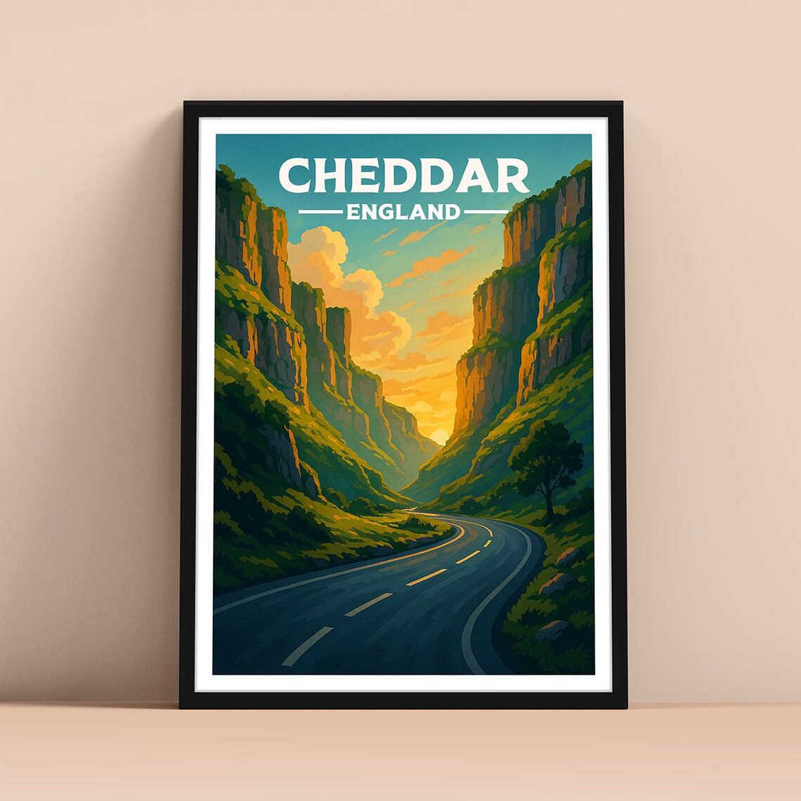 Cheddar England Travel Poster with Gorge Road and Sunset Clouds