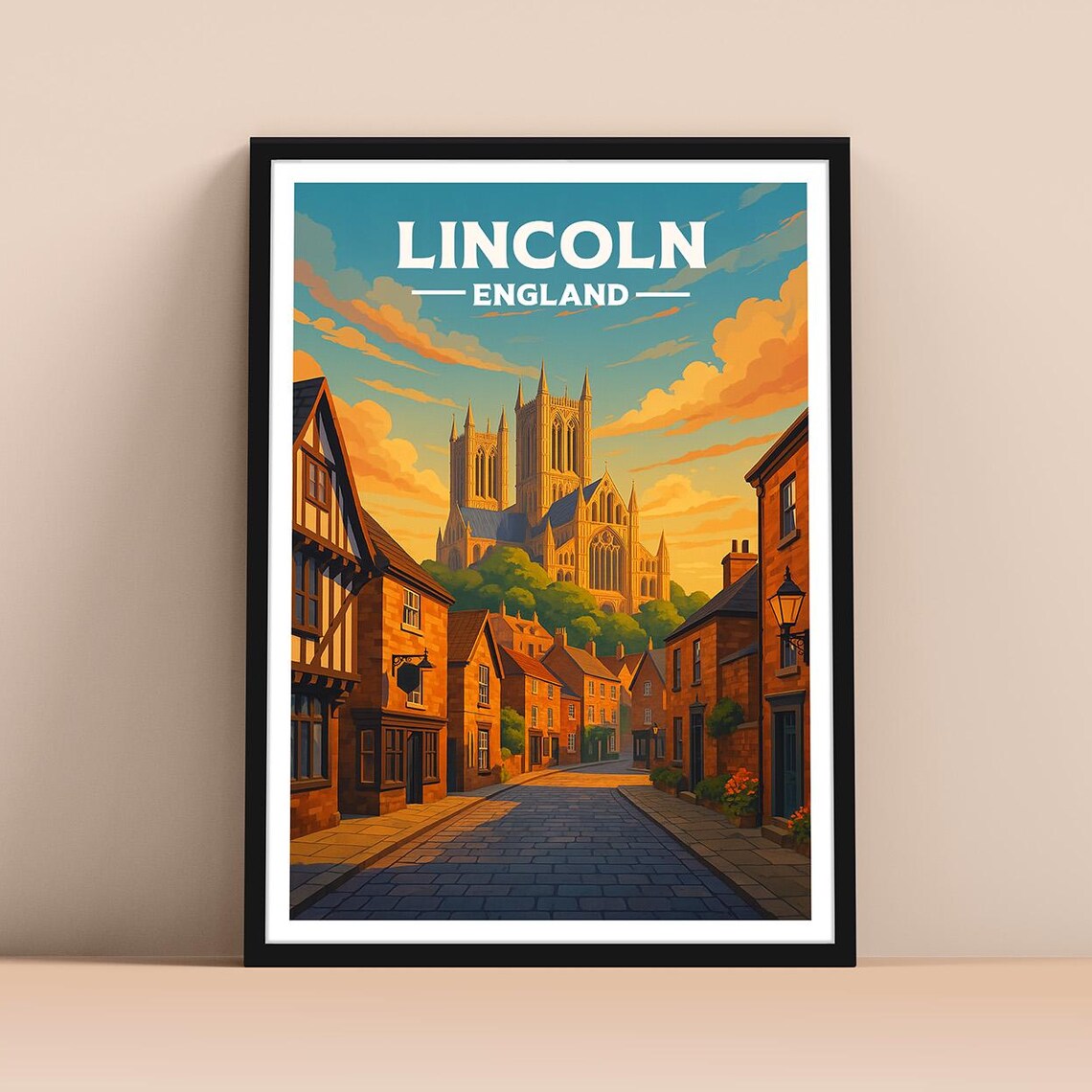 Lincoln England Cathedral Old Street Vintage Travel Style Art Poster