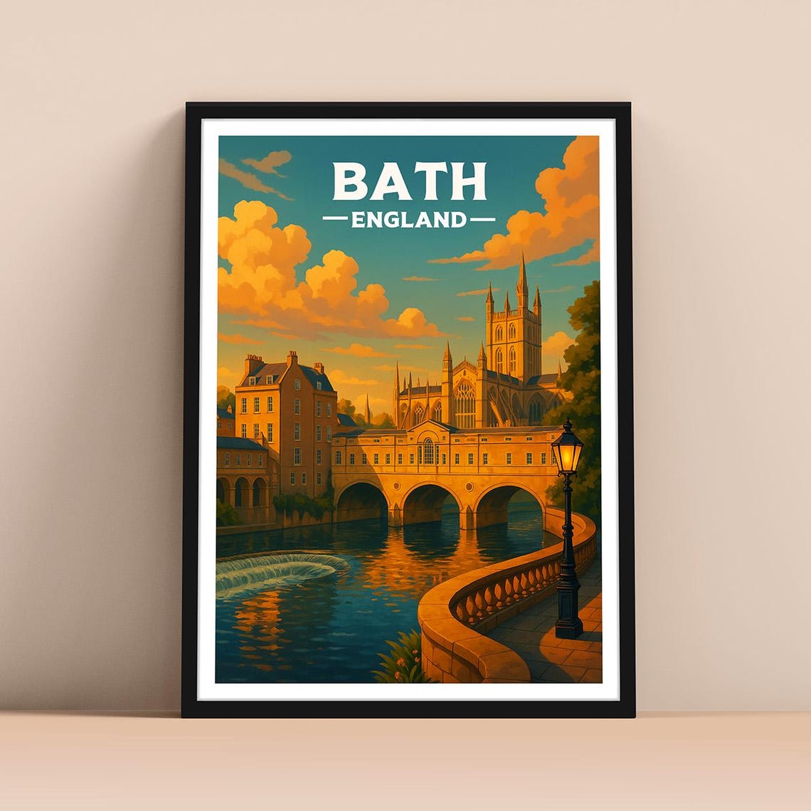 Bath England Historic Abbey Sunset River Vintage Travel Poster