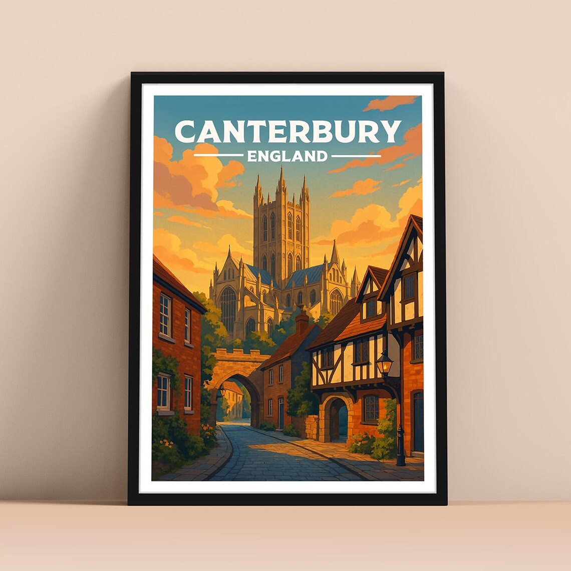 Canterbury England Cathedral Old Street Vintage Travel Poster