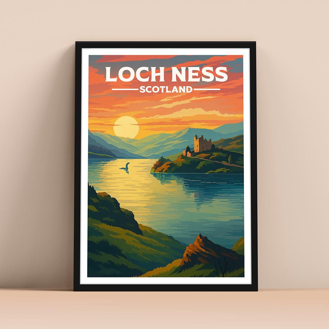 Loch Ness Scotland Sunset Travel Poster with Castle and Nessie Art